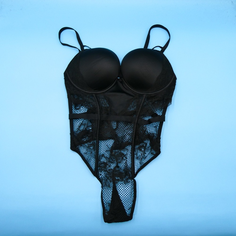 Victorias Secret Large Black Sexy Bombshell Push Up 2 Cups Lace Teddy Bodysuit